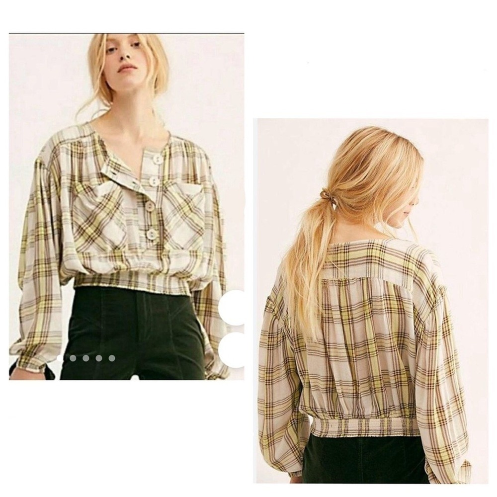 Free People Plaid Button Front Smocked Crop Blouse Yellow Brown Size Sm OB969348